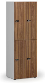 Drevená šatníková skrinka S4 s úložnými boxmi, 4 boxy, demont, mechanický kódový zámok, sivá/orech