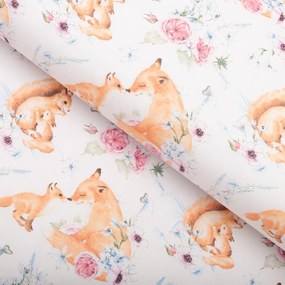 Biante Detský bavlnený behúň na stôl Sandra SA-694 Veveričky a líšky medzi kvietkami na bielom 35x120 cm