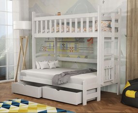 Detská poschodová posteľ z masívu borovice s rozšíreným spodným lôžkom LUKÁŠ so šuplíkmi - 200x90/140 cm - BIELA