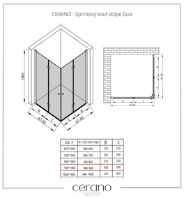 Cerano Volpe Duo, sprchovací kút so skladacími dverami 90(dvere) x 90(dvere), 6mm číre sklo, čierny profil, CER-CER-427384