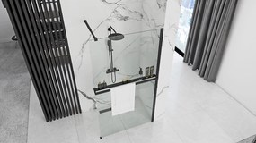 Rea Aero, sprchová zástena typu Walk-In 90 cm + polička a vešiak EVO, 8mm číre sklo, čierny profil, KPL-K7581