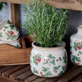 Krémový antik keramický obal na kvetináč s jahôdkami Fraises - Ø 15*13 cm
