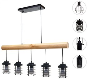 Závesné svietidlo H83 industrial, klietka 5 74213 - kov / drevo - Čierna