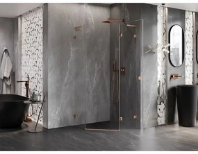 Mexen Lunar, L výklopný päťuholníkový sprchový kút pravý 90 x 90 cm, 8mm číre sklo, profil medená matná, 831L-090P-090L-65-00-P