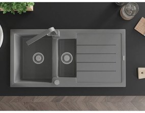Mexen Andres, granitový drez 1000x500x200 mm, 1,5-komorový, šedá s chrómovým sifónom a šedá drezová batéria Rita, 6515-71-670300-71