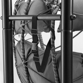 Závesné kreslo pre dvoch, sivé, s vankúšmi a podstavcom