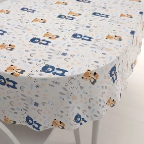 Biante Detský bavlnený oválny obrus Sandra SA-595 Modro-béžové lesné zvieratká na bielom 50x100 cm