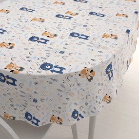 Biante Detský bavlnený oválny obrus Sandra SA-595 Modro-béžové lesné zvieratká na bielom 60x100 cm