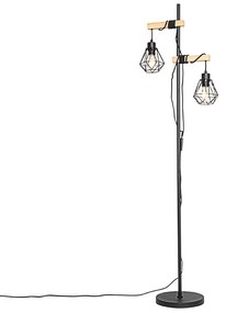 Rustikálna stojaca lampa čierna s drevom 2-svetlo - Chon