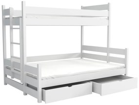 Detská poschodová posteľ z masívu borovice s rozšíreným spodným lôžkom BERTA so šuplíkmi - 200x90/140 cm - BIELA
