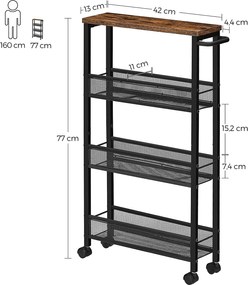 Servírovací vozík, úzka polička na kolieskach, kovový rám, rustikálny hnedý