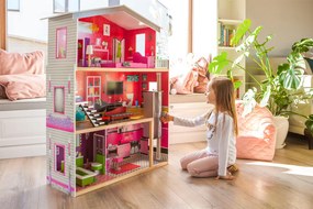 Drevený domček pre bábiky Malibu ECOTOYS – 3-poschodový s výťahom, 10-dielny nábytok