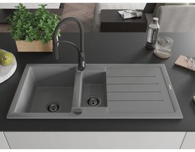 Mexen Andres, 1,5-komorový granitový drez 1000x500x200 mm a drezová batéria Aster, šedá, 6515-71-73450-70-B