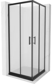 Mexen Rio, štvorcový sprchovací kút s posuvnými dverami 90(dvere) x 90(dvere) x 190 cm, 6mm sklo námraza, čierny profil + čierna sprchová vanička SLIM, 860-090-090-70-30-4070B