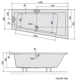 Polysan Polysan, ANDRA R asymetrická vaňa 170x90x45cm, biela, 81511
