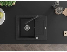 Mexen Enzo, granitový drez 576x465x174 mm, 1-komorový, čierna matná batéria Duero, čierna - strieborná metalíza, 6506-73-671600-70