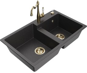 Mexen Tomas, granitový drez 800x500x190 mm, 2-komorový a drezová batéria Carla, čierna škvrnitá, 6516-76-670700-50