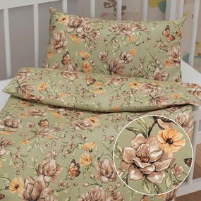 Biante Detské bavlnené posteľné obliečky do postieľky Sandra SA-472 Hnedé kvety magnólie na zelenom Do postieľky 90x130 a 40x60 cm