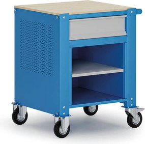 Pojazdný kontajner G9, 1 polica, 1 zásuvka, 675 x 595 x 865-1130 mm, sivá/modrá
