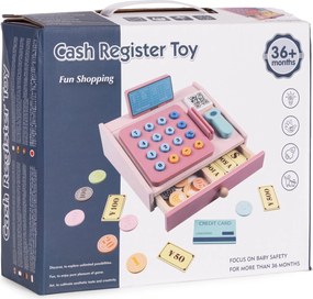 MULTISTORE Drevená pokladňa hračka pre deti so skenerom, čítačkou kariet, peniaze 3+