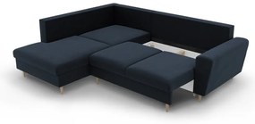 Tmavomodrá zamatová rozkladacia/s úložným priestorom rohová pohovka (ľavý roh/do L) Kyoto – Cosmopolitan Design