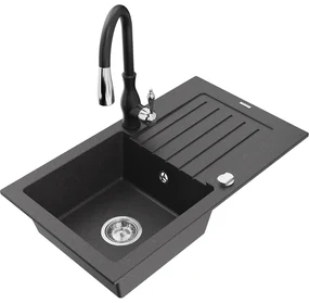 Mexen Pablo, granitový drez 752x436x161 mm, 1-komorový a drezová batéria Savita, čierna škvrnitá, 6510-76-672601-70