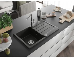 Mexen Bruno, 1-komorový granitový drez 795x495x200 mm a drezová batéria Flora, čierna-zlatá metalíza, 6513-75-670401-00