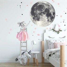 Samolepka na stenu - Mesiac a dievča na rebríku s hviezdami, veľká nálepka