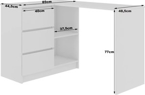 Rohový písací stôl B16 124 cm biely/světle šedý lesk levý