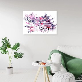 Obraz na plátně Japonský dům akvarel lila - 90x60 cm