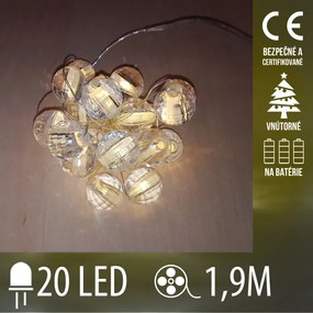 Vianočná led svetelná reťaz vnútorná na batérie - kryštálové gule - 20led - 1,90m teplá biela