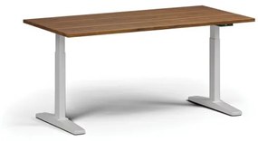 Výškovo nastaviteľný stôl, elektrický, 675-1325 mm, doska 1600x800 mm, biela podnož, orech