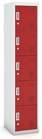 Šatníková skrinka s úložnými boxami, 5 boxov, 1800 x 380 x 450 mm, demont, cylindrický zámok, sivá/červená
