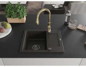 Mexen Enzo, 1-komorový granitový drez 576x465x174 mm a drezová batéria Savita, čierna-zlatá metalíza, 6506-75-672601-50-B
