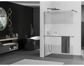 Mexen Kioto+, sprchová zástena Walk-In s poličkou a vešiakom 100 x 200 cm, 8mm číre sklo-námraza, grafitový profil, 800-100-121-95-35