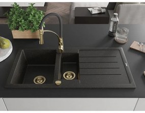 Mexen Andres, 1,5-komorový granitový drez 1000x500x200 mm a drezová batéria Aster, čierna-zlatá metalíza, 6515-75-73450-57-G