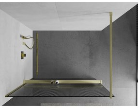 Mexen Kioto+, sprchová zástena Walk-In s poličkou a vešiakom 130 x 200 cm, 8mm sklo s rebrovým vzorom, zlatý matný profil, 800-130-121-55-09