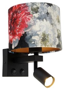 Nástenná lampa čierna s lampou na čítanie a tienidlom 18 cm kvetinový - Brescia