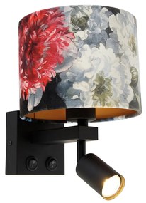 Nástenná lampa čierna s lampou na čítanie a tienidlom 18 cm kvety - Brescia