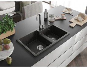 Mexen Tomas, granitový drez 800x500x190 mm, 2-komorový a chrómová batéria Telma, čierna-zlatá metalíza, 6516-75-670200-00