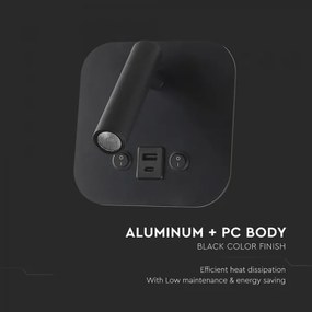 LED nástenné bodové svietidlo s USB portom LED/8W/230V 3000K čierne