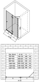 Erga Bern, 1-krídlové delené sprchové dvere do otvoru 110x195 cm, 6mm číre sklo, čierny profil, ERG-V02-BERN-D110-BK