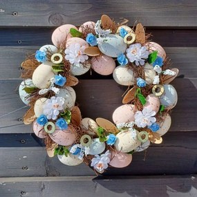DECOLED Veľkonočný veniec, 30 x 8 cm, modré kvety a vajíčka
