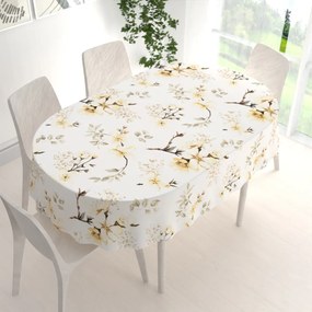 Biante Bavlnený oválny obrus Sandra SA-582 Žlté kvety s vetvičkami na bielom 50x100 cm