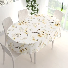 Biante Bavlnený oválny obrus Sandra SA-582 Žlté kvety s vetvičkami na bielom 140x160 cm
