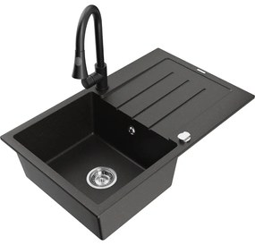 Mexen Bruno, 1-komorový granitový drez 795x495x200 mm a drezová batéria Elia, čierna-zlatá metalíza, 6513-75-670101-70