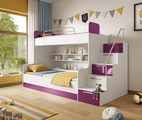 DETSKÁ POSCHODOVÁ POSTEĽ KLARA + SCHODY + POLICE SKRINKY BIELA / FIALOVA