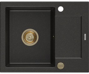 Mexen Enzo, granitový drez 576x465x174 mm, 1-komorový, čierna-zlatá metalíza so zlatým sifónom, 6506571005-75-G