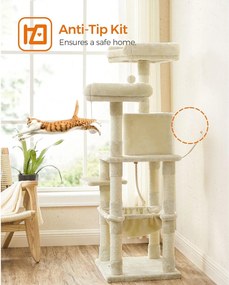 Mačací strom, škrabadlo s 2 výhliadkami, výška 143 cm, béžový