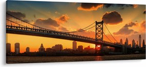 Obraz - Západ slnka nad mostom Bena Franklina, Filadelfia (120x50 cm)